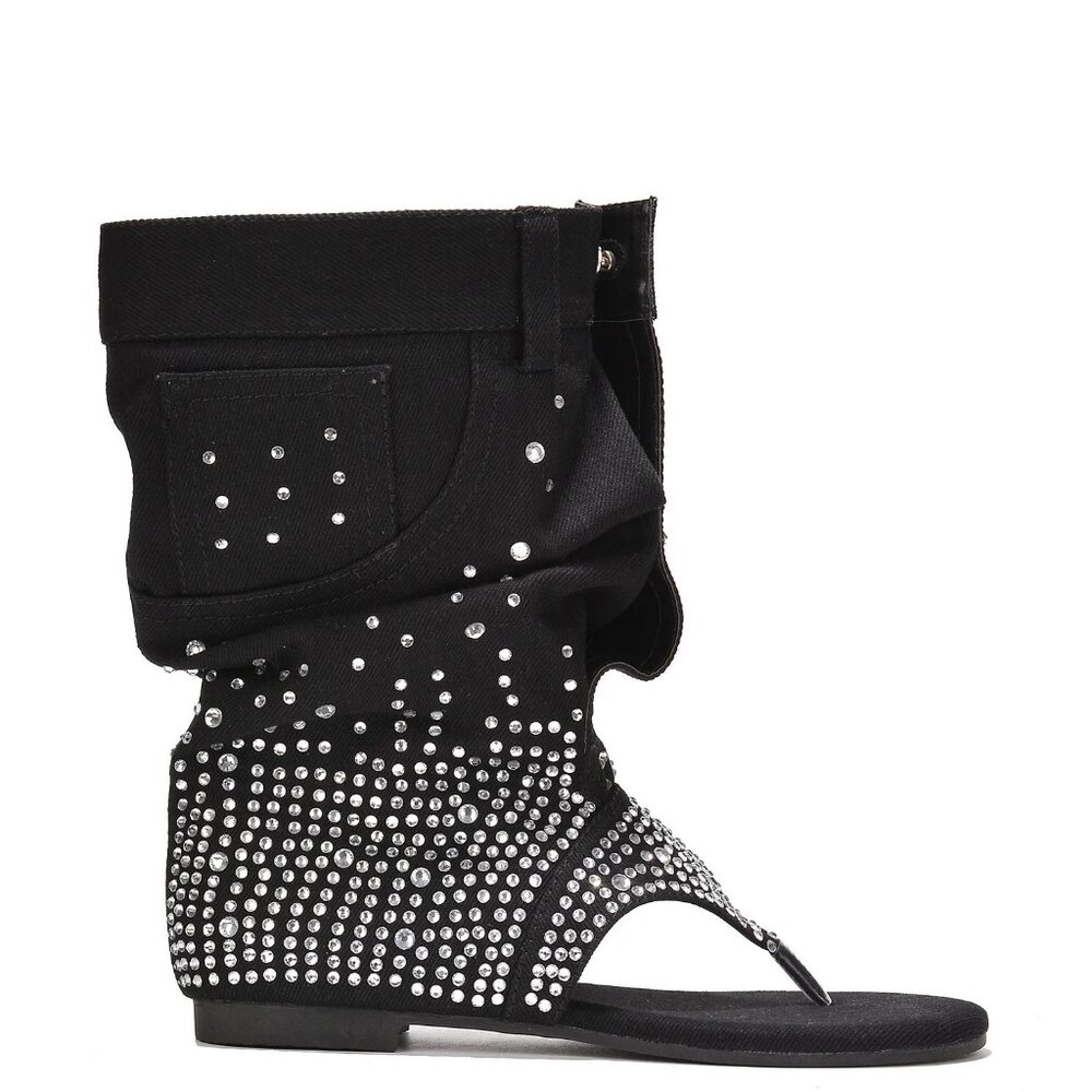 NEWπ₯ Rhinestone Embellished Slouchy Jean Sandals Mid-Calf Boots Thong Open Toe - Picture 6 of 6